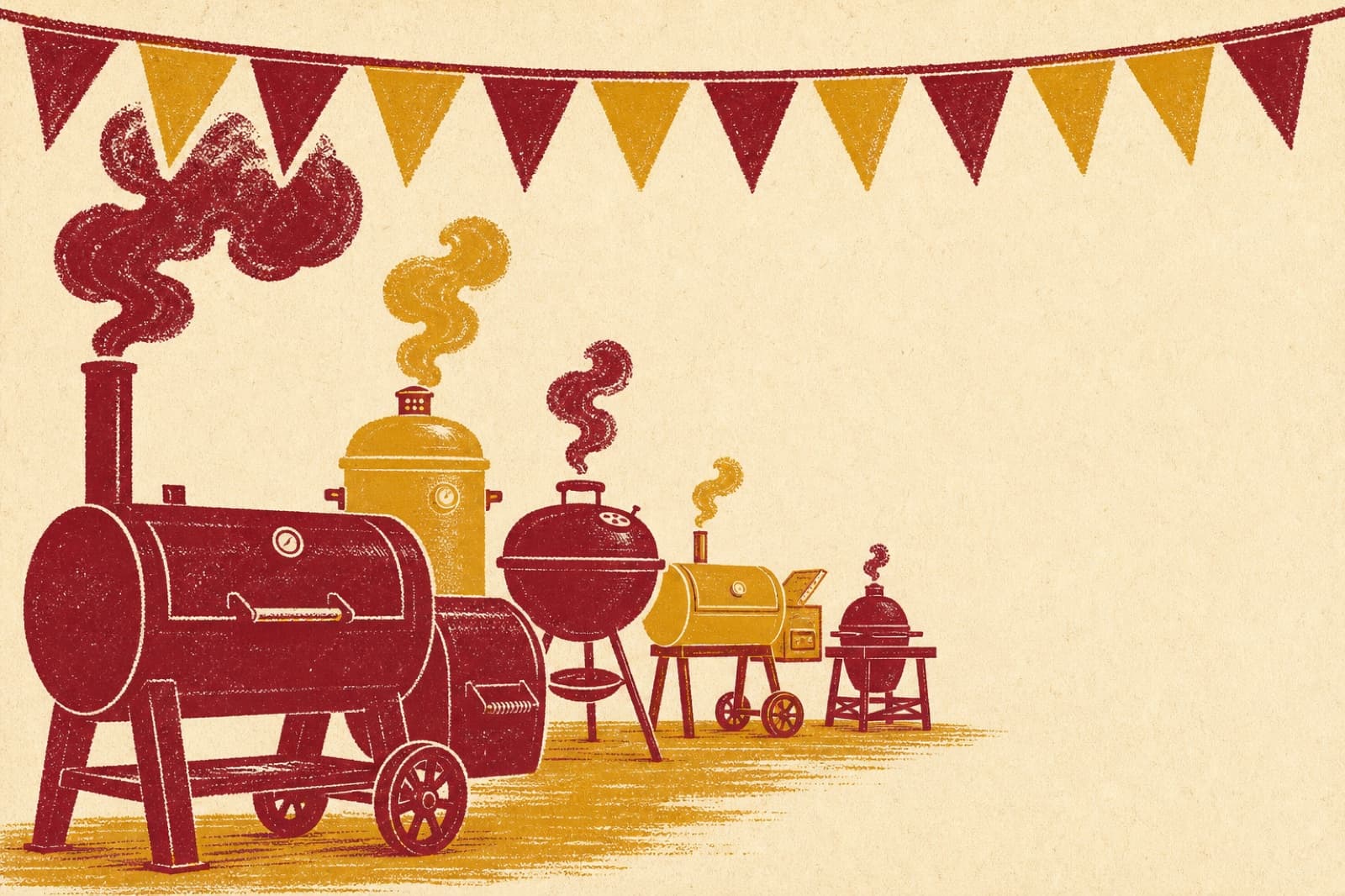 Letterpress illustration of five barbecue smokers lined up under festive bunting